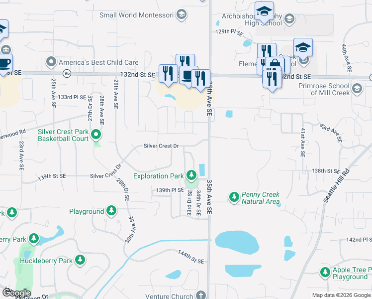 map of restaurants, bars, coffee shops, grocery stores, and more near 3327 Silver Crest Drive in Mill Creek