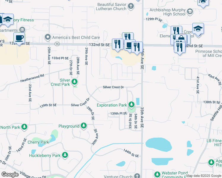 map of restaurants, bars, coffee shops, grocery stores, and more near 3111 Silver Crest Drive in Mill Creek