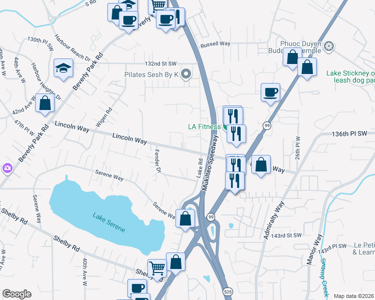map of restaurants, bars, coffee shops, grocery stores, and more near 3315 Lincoln Way in Lynnwood