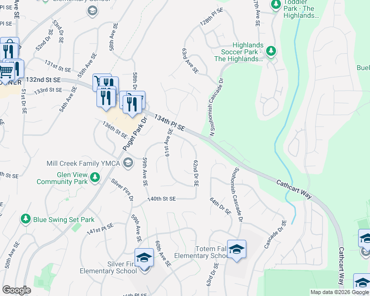 map of restaurants, bars, coffee shops, grocery stores, and more near 604 62nd Avenue Southeast in Everett