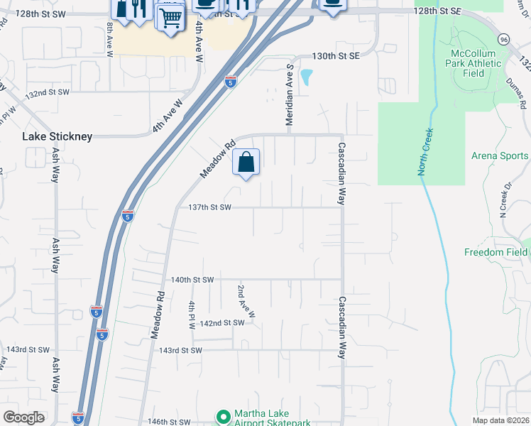 map of restaurants, bars, coffee shops, grocery stores, and more near 102 137th Street Southwest in Everett