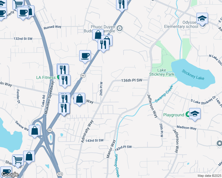 map of restaurants, bars, coffee shops, grocery stores, and more near 13629 Admiralty Way in Lynnwood