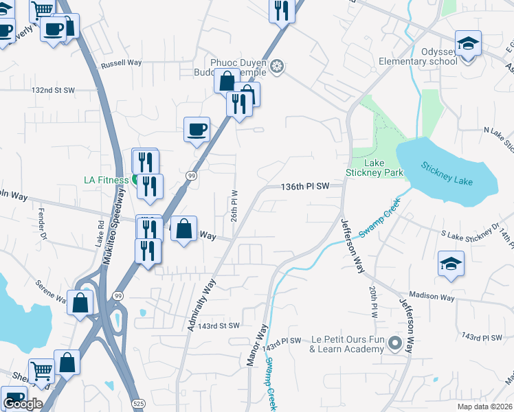 map of restaurants, bars, coffee shops, grocery stores, and more near 13629 Admiralty Way in Lynnwood