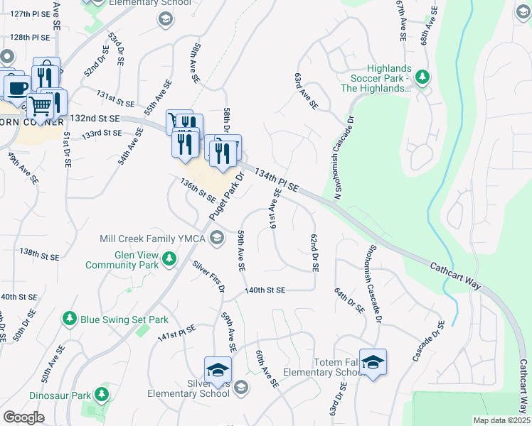 map of restaurants, bars, coffee shops, grocery stores, and more near 6010 136th Street Southeast in Everett
