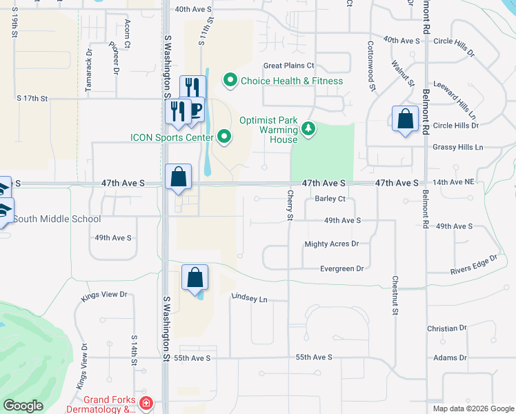 map of restaurants, bars, coffee shops, grocery stores, and more near 4754 Pines Circle in Grand Forks