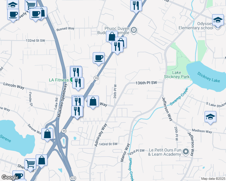 map of restaurants, bars, coffee shops, grocery stores, and more near 13706 26th Place West in Lynnwood