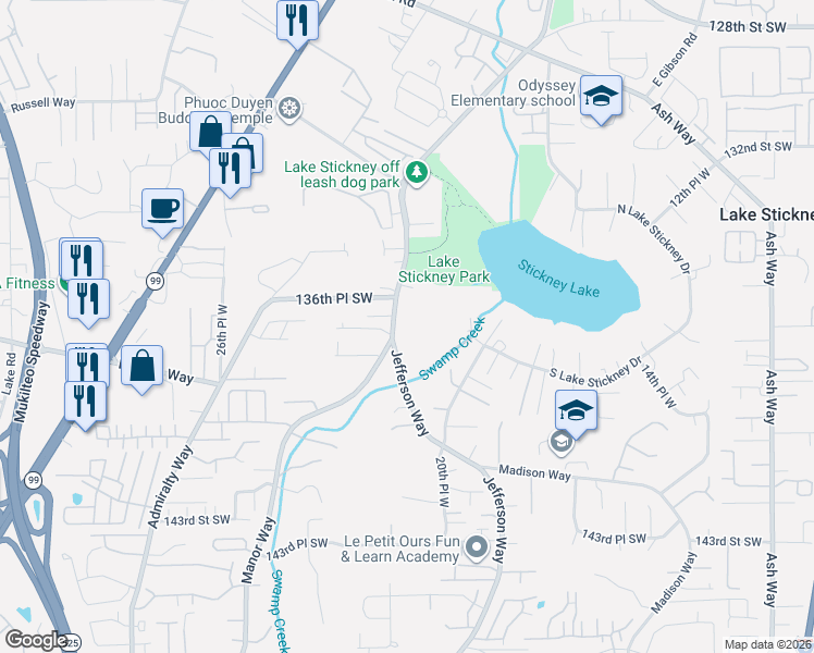 map of restaurants, bars, coffee shops, grocery stores, and more near 13703 Manor Way in Lynnwood