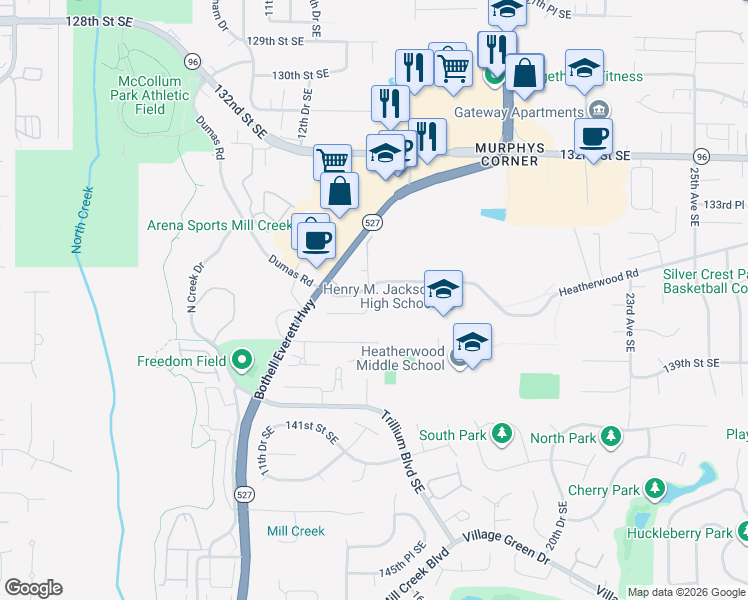map of restaurants, bars, coffee shops, grocery stores, and more near 13621 14th Drive Southeast in Mill Creek