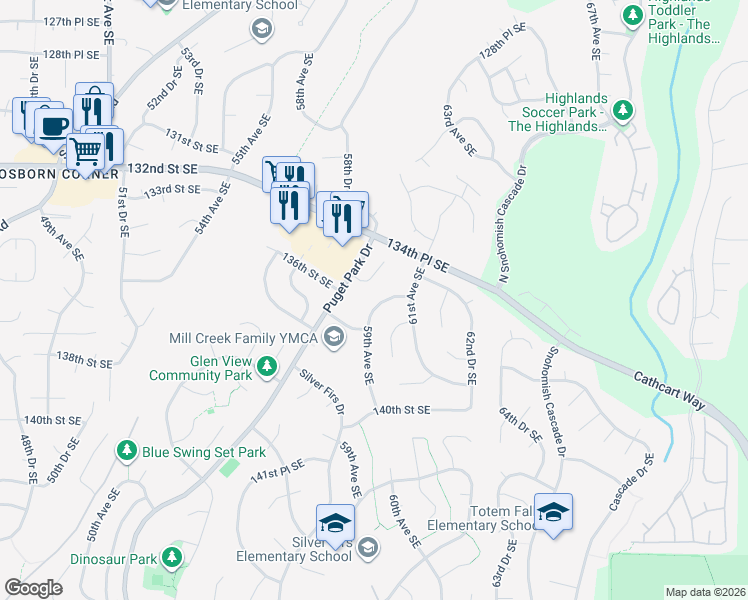 map of restaurants, bars, coffee shops, grocery stores, and more near 5909 136th Street Southeast in Everett