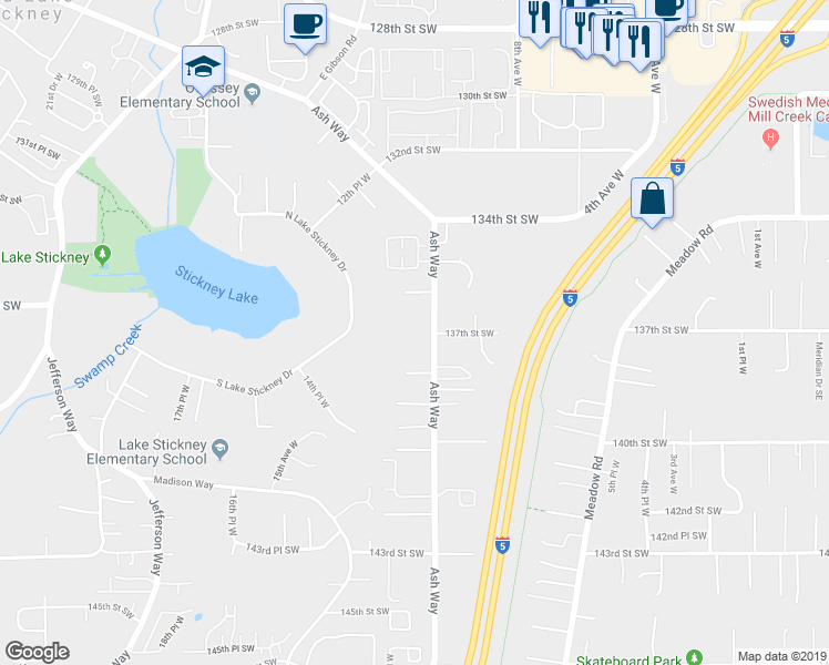 map of restaurants, bars, coffee shops, grocery stores, and more near 13628 Ash Way in Everett