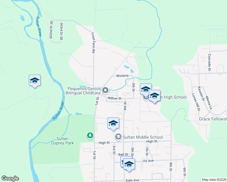 map of restaurants, bars, coffee shops, grocery stores, and more near 211 Willow Wind Place in Sultan