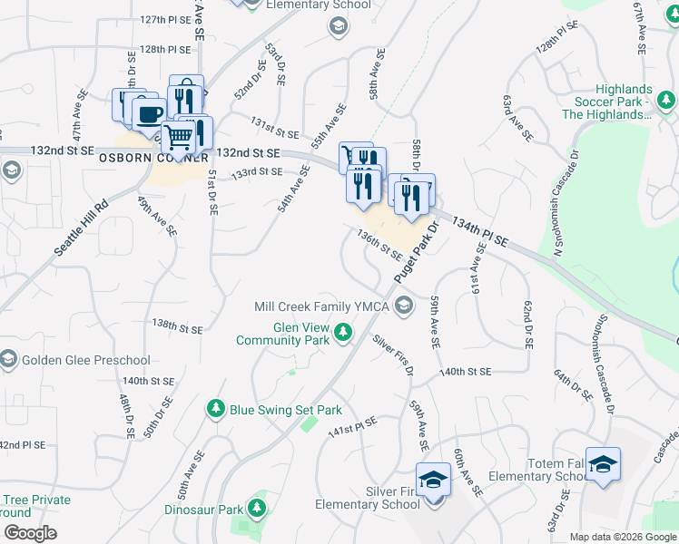 map of restaurants, bars, coffee shops, grocery stores, and more near 5604 137th Place Southeast in Everett