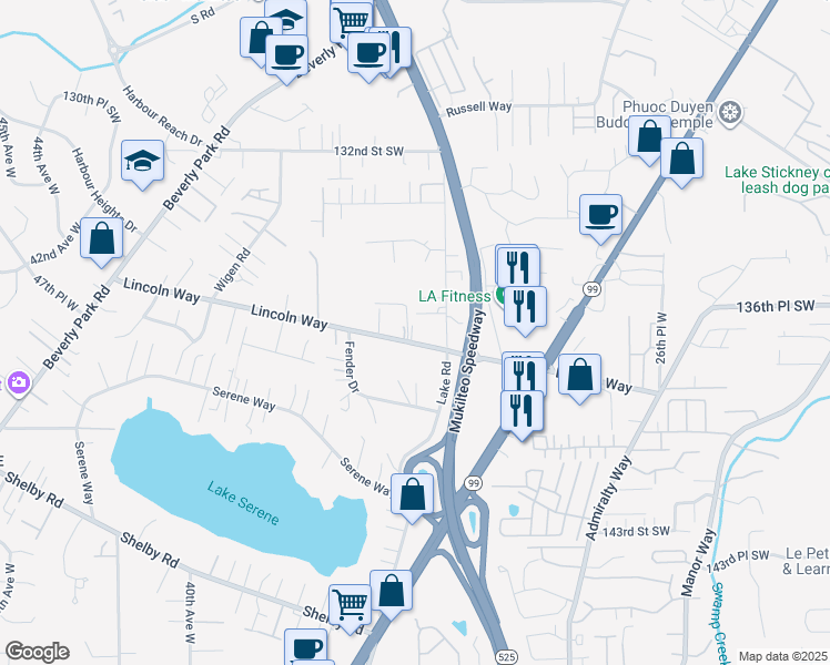 map of restaurants, bars, coffee shops, grocery stores, and more near 3315 Lincoln Way in Lynnwood