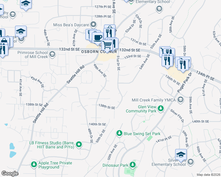 map of restaurants, bars, coffee shops, grocery stores, and more near 5023 136th Street Southeast in Snohomish