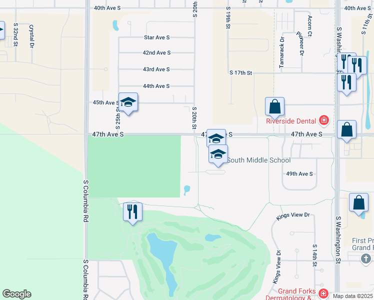 map of restaurants, bars, coffee shops, grocery stores, and more near 2151 47th Avenue South in Grand Forks