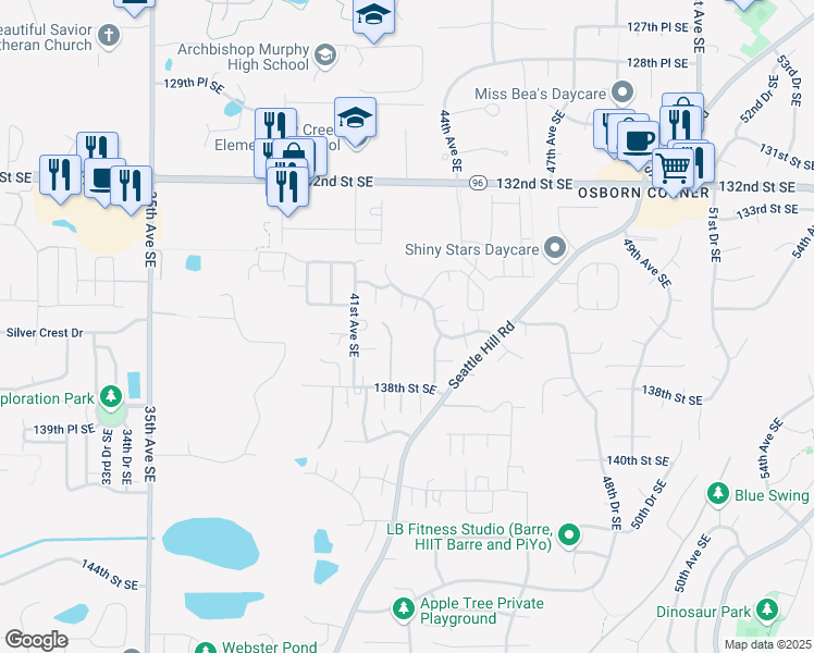 map of restaurants, bars, coffee shops, grocery stores, and more near 13615 42nd Ave SE in Mill Creek