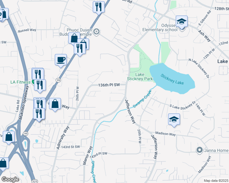 map of restaurants, bars, coffee shops, grocery stores, and more near 13704 Manor Way in Lynnwood