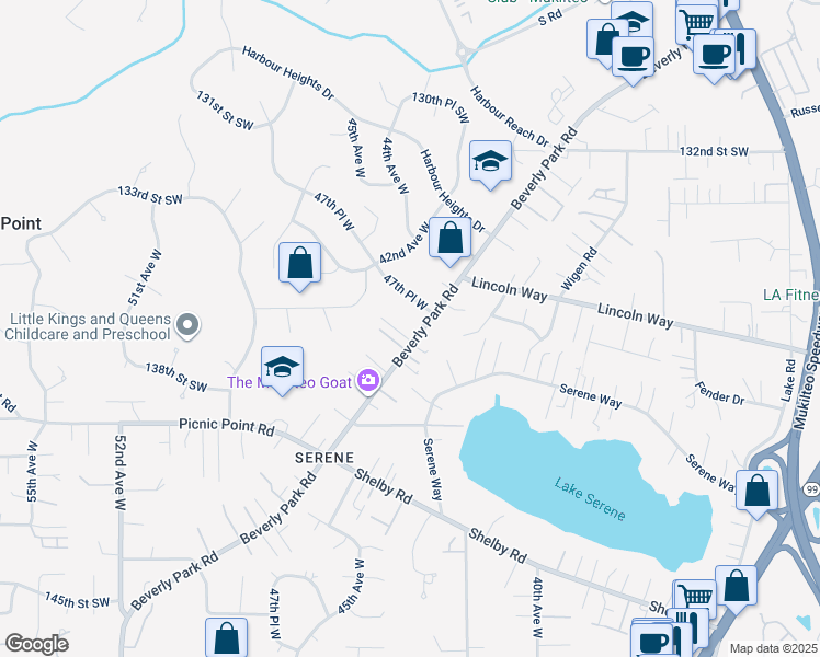 map of restaurants, bars, coffee shops, grocery stores, and more near 13704 Beverly Park Road in Lynnwood