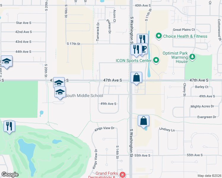 map of restaurants, bars, coffee shops, grocery stores, and more near 4735 Ridgewood Lane in Grand Forks