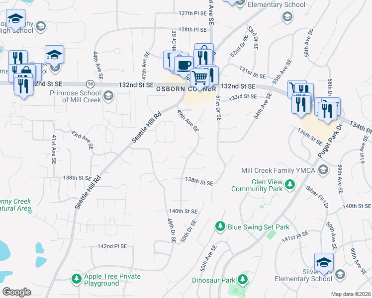map of restaurants, bars, coffee shops, grocery stores, and more near 4916 136th Street Southeast in Snohomish