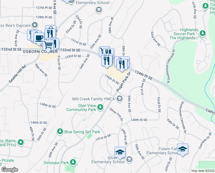map of restaurants, bars, coffee shops, grocery stores, and more near 5730 136th Place Southeast in Everett