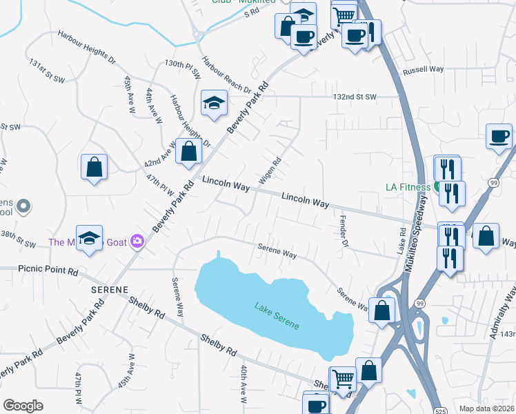 map of restaurants, bars, coffee shops, grocery stores, and more near 3826 Lincoln Way in Lynnwood