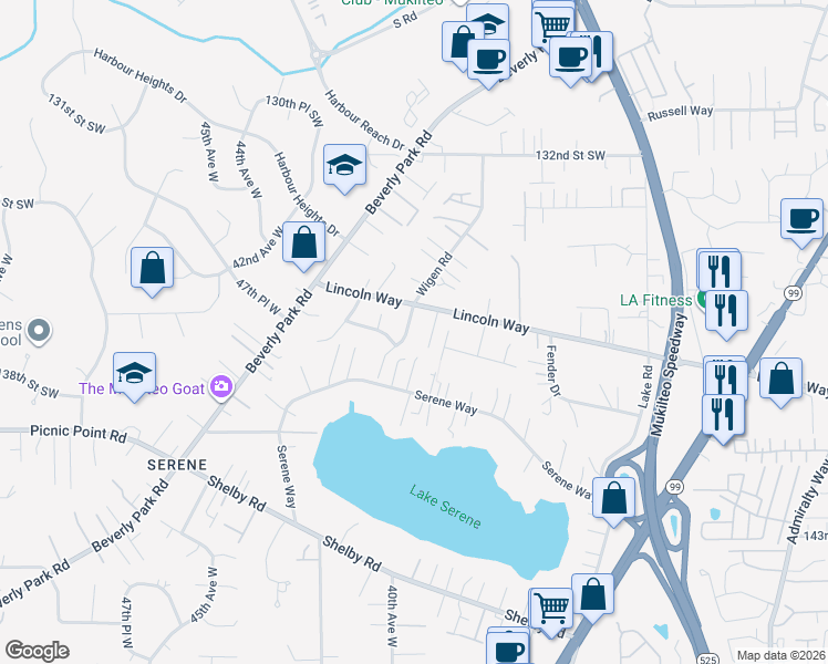 map of restaurants, bars, coffee shops, grocery stores, and more near 3826 Lincoln Way in Lynnwood