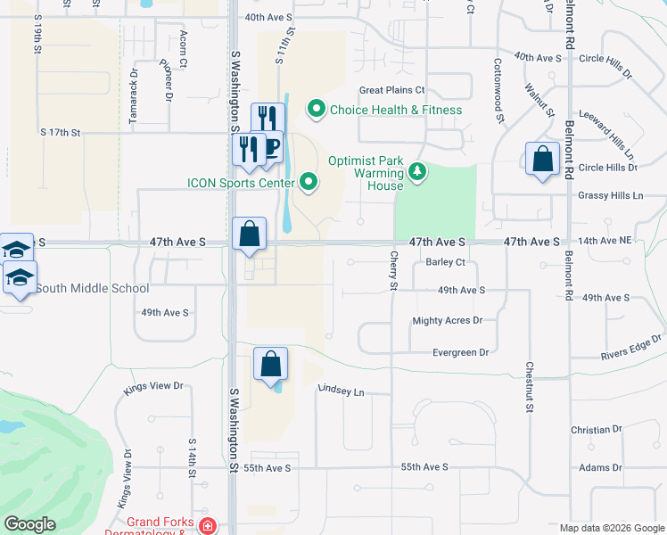 map of restaurants, bars, coffee shops, grocery stores, and more near 4750 Curt Circle in Grand Forks