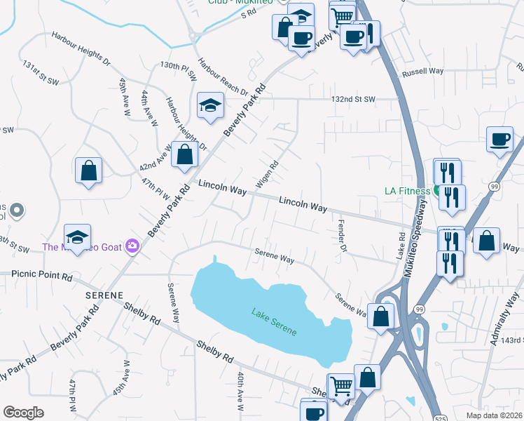 map of restaurants, bars, coffee shops, grocery stores, and more near 3826 Lincoln Way in Lynnwood