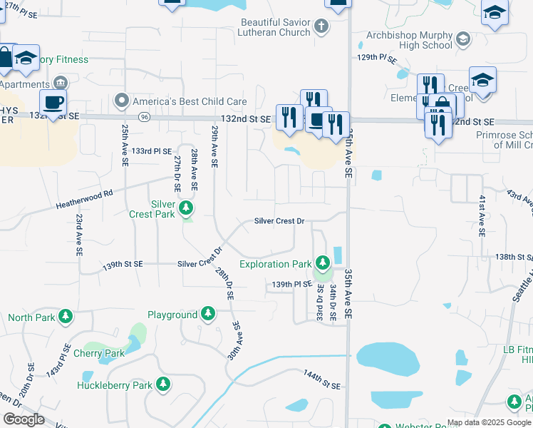 map of restaurants, bars, coffee shops, grocery stores, and more near 3111 Silver Crest Drive in Mill Creek