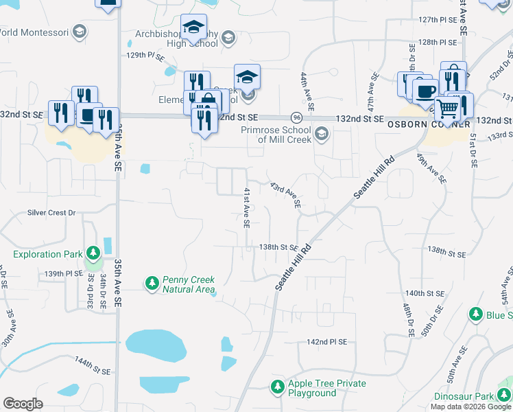 map of restaurants, bars, coffee shops, grocery stores, and more near 13603 41st Avenue Southeast in Mill Creek