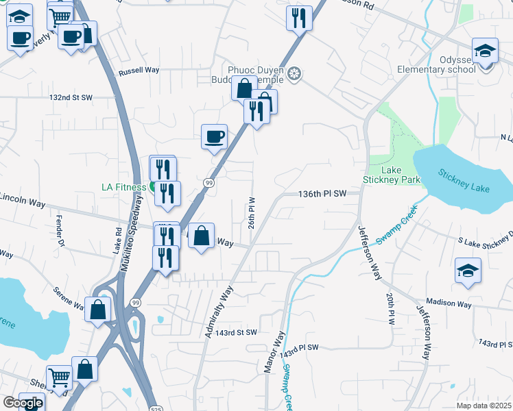 map of restaurants, bars, coffee shops, grocery stores, and more near 13629 26th Place West in Lynnwood