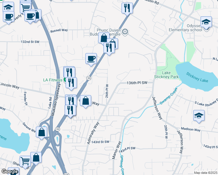 map of restaurants, bars, coffee shops, grocery stores, and more near 13629 26th Place West in Lynnwood