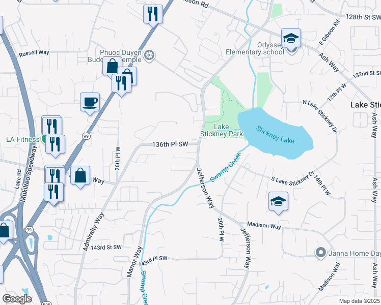 map of restaurants, bars, coffee shops, grocery stores, and more near 13704 Manor Way in Lynnwood