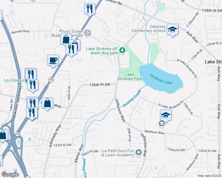 map of restaurants, bars, coffee shops, grocery stores, and more near 13628 Manor Way in Lynnwood