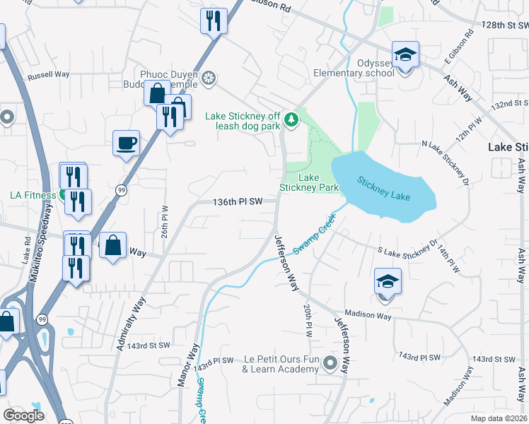 map of restaurants, bars, coffee shops, grocery stores, and more near 13704 Manor Way in Lynnwood
