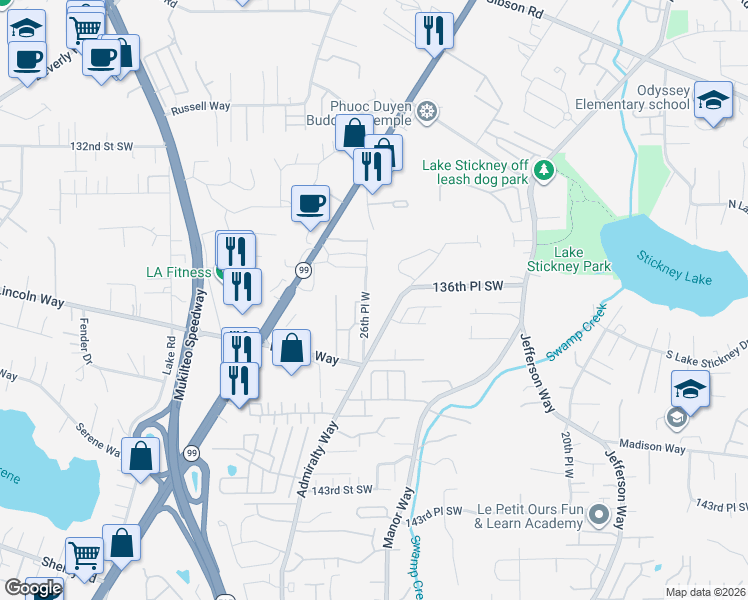 map of restaurants, bars, coffee shops, grocery stores, and more near 13629 26th Place West in Lynnwood