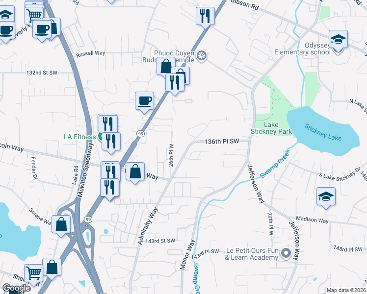 map of restaurants, bars, coffee shops, grocery stores, and more near 13629 Admiralty Way in Lynnwood