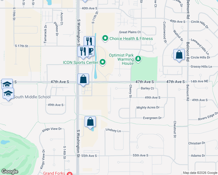 map of restaurants, bars, coffee shops, grocery stores, and more near 4750 Curt Circle in Grand Forks