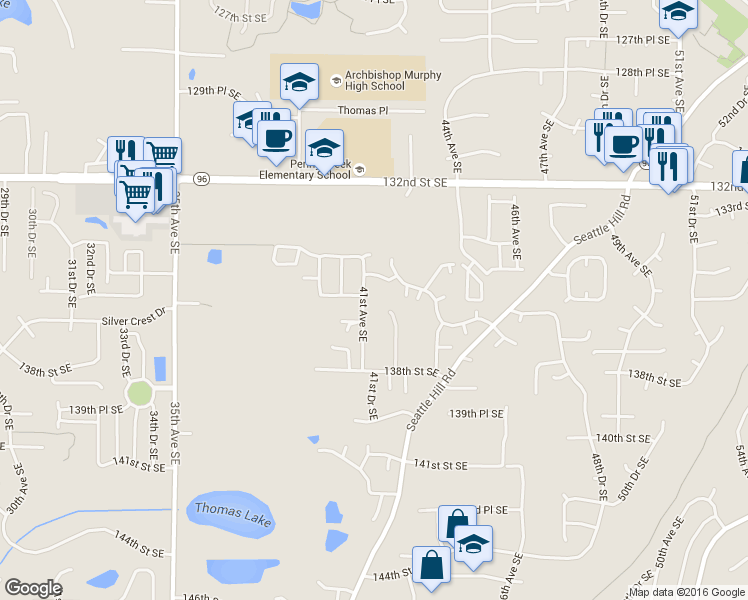 map of restaurants, bars, coffee shops, grocery stores, and more near 13523 41st Avenue Southeast in Mill Creek