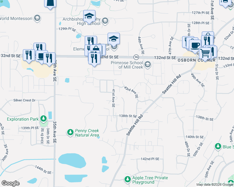 map of restaurants, bars, coffee shops, grocery stores, and more near 13523 41st Avenue Southeast in Mill Creek