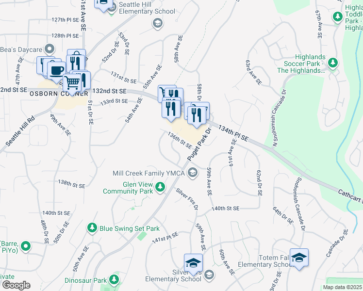 map of restaurants, bars, coffee shops, grocery stores, and more near 5730 136th Place Southeast in Everett