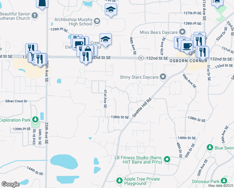 map of restaurants, bars, coffee shops, grocery stores, and more near 13615 42nd Avenue Southeast in Mill Creek