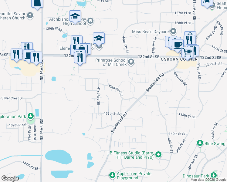 map of restaurants, bars, coffee shops, grocery stores, and more near 13615 42nd Avenue Southeast in Mill Creek