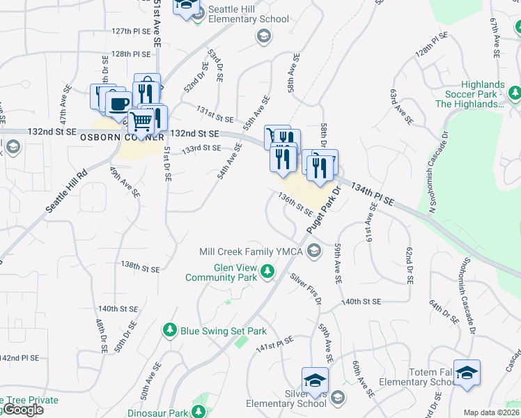 map of restaurants, bars, coffee shops, grocery stores, and more near 5604 137th Place Southeast in Everett