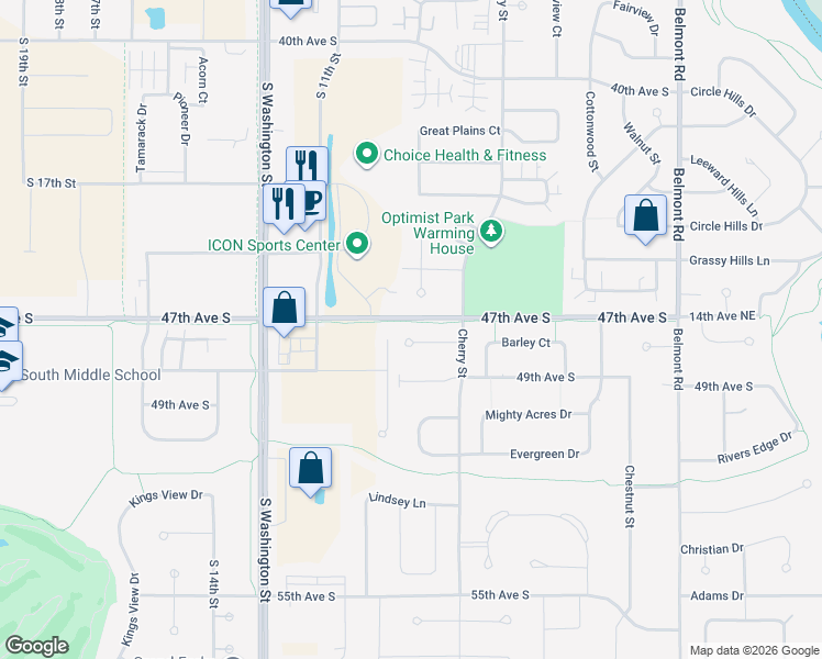 map of restaurants, bars, coffee shops, grocery stores, and more near 4754 Pines Cir in Grand Forks