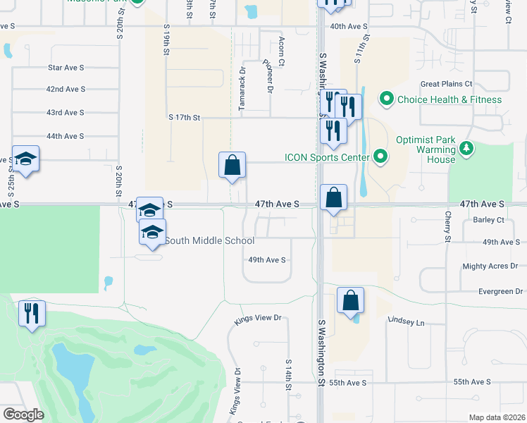 map of restaurants, bars, coffee shops, grocery stores, and more near 4735 Ridgewood Lane in Grand Forks