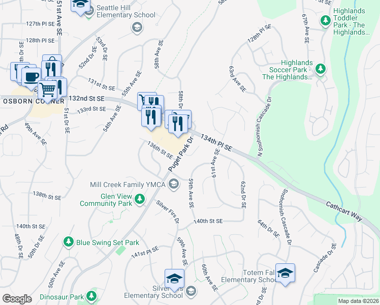 map of restaurants, bars, coffee shops, grocery stores, and more near 5909 136th Street Southeast in Everett