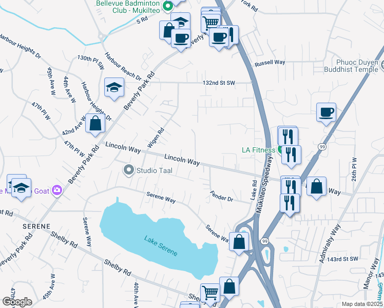 map of restaurants, bars, coffee shops, grocery stores, and more near 13720 36th Place West in Lynnwood