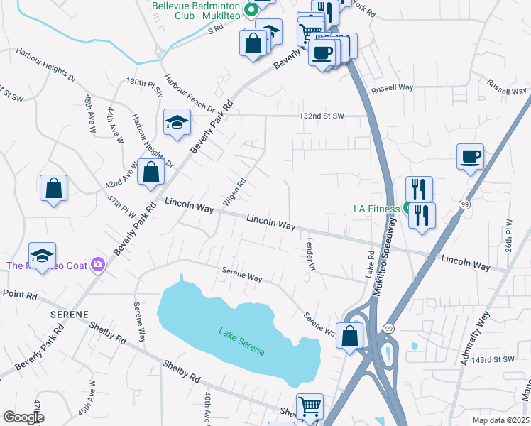 map of restaurants, bars, coffee shops, grocery stores, and more near 13511 Wigen Road in Lynnwood